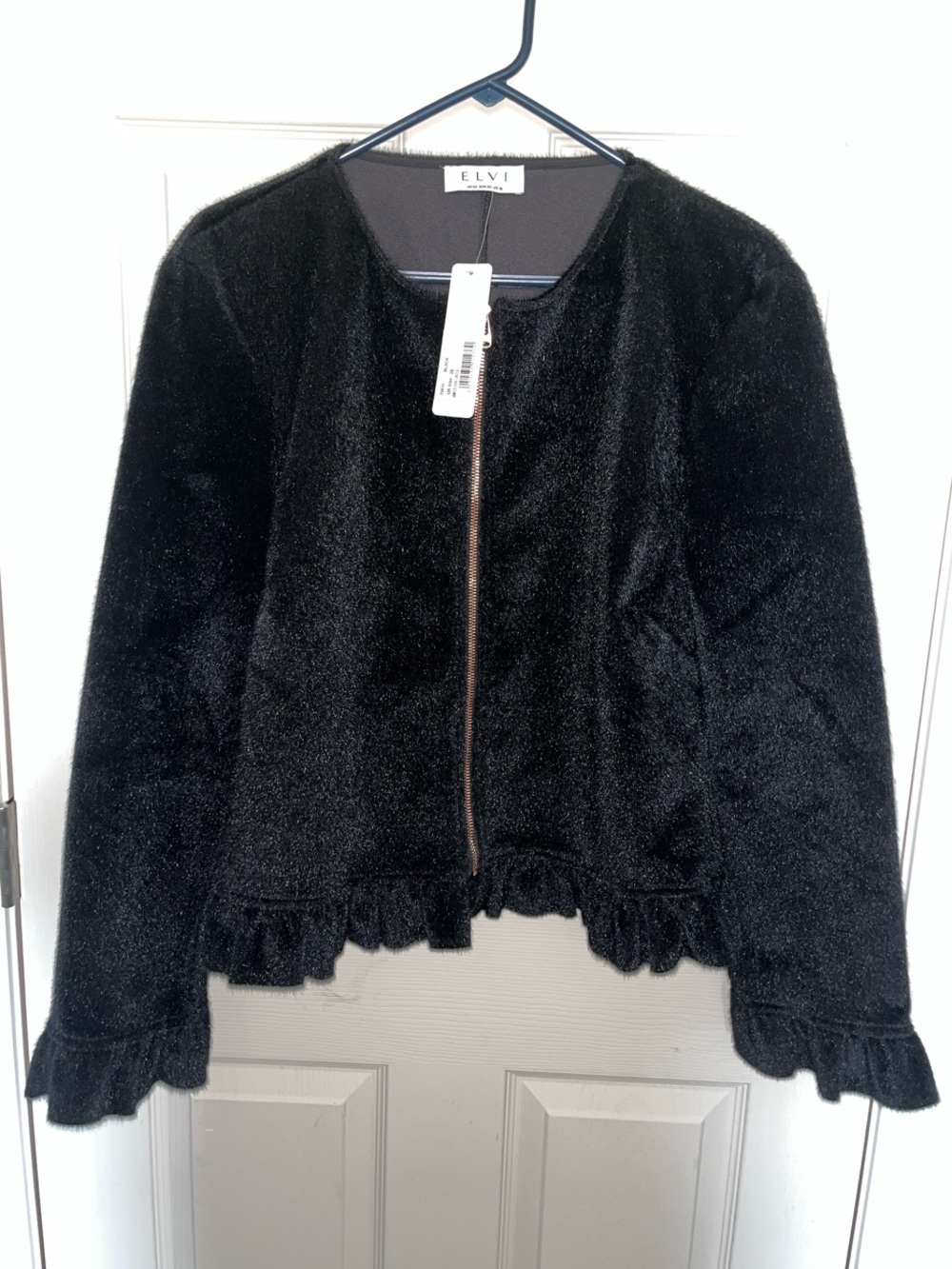 Elvi Black Faux Fur Zip-Front Ruffle Hem Jacket